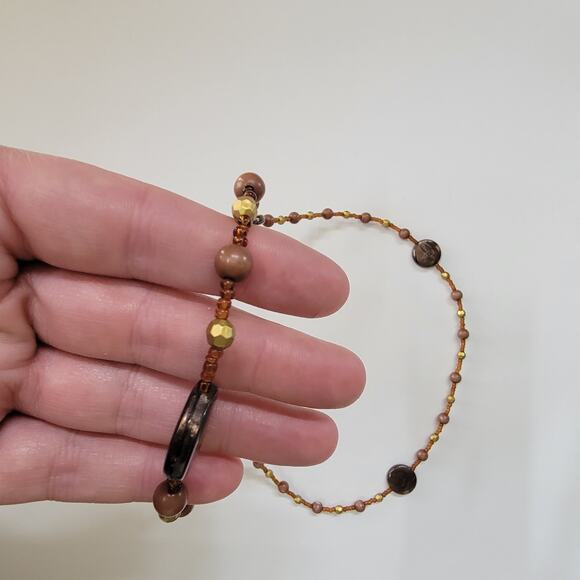 Brown and Gold Beaded Necklace with Round Accents Boho Earthy Seed Bead Jewelry - Picture 2 of 10